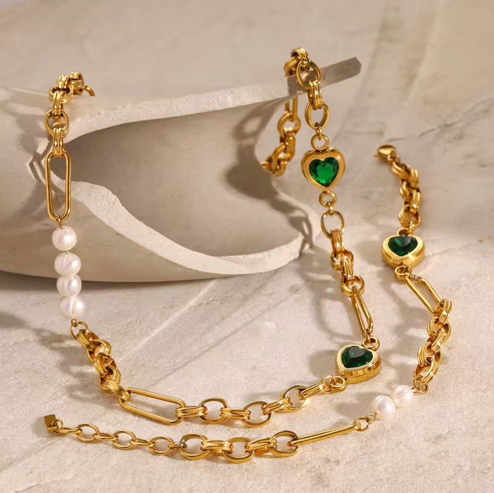 Verdant Heart & Baroque Pearl Link Set